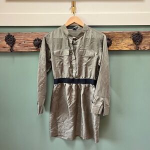 Theory Olive Green Silk Blend Utility Mini Shirtdress Size 6 Mandarin Collar